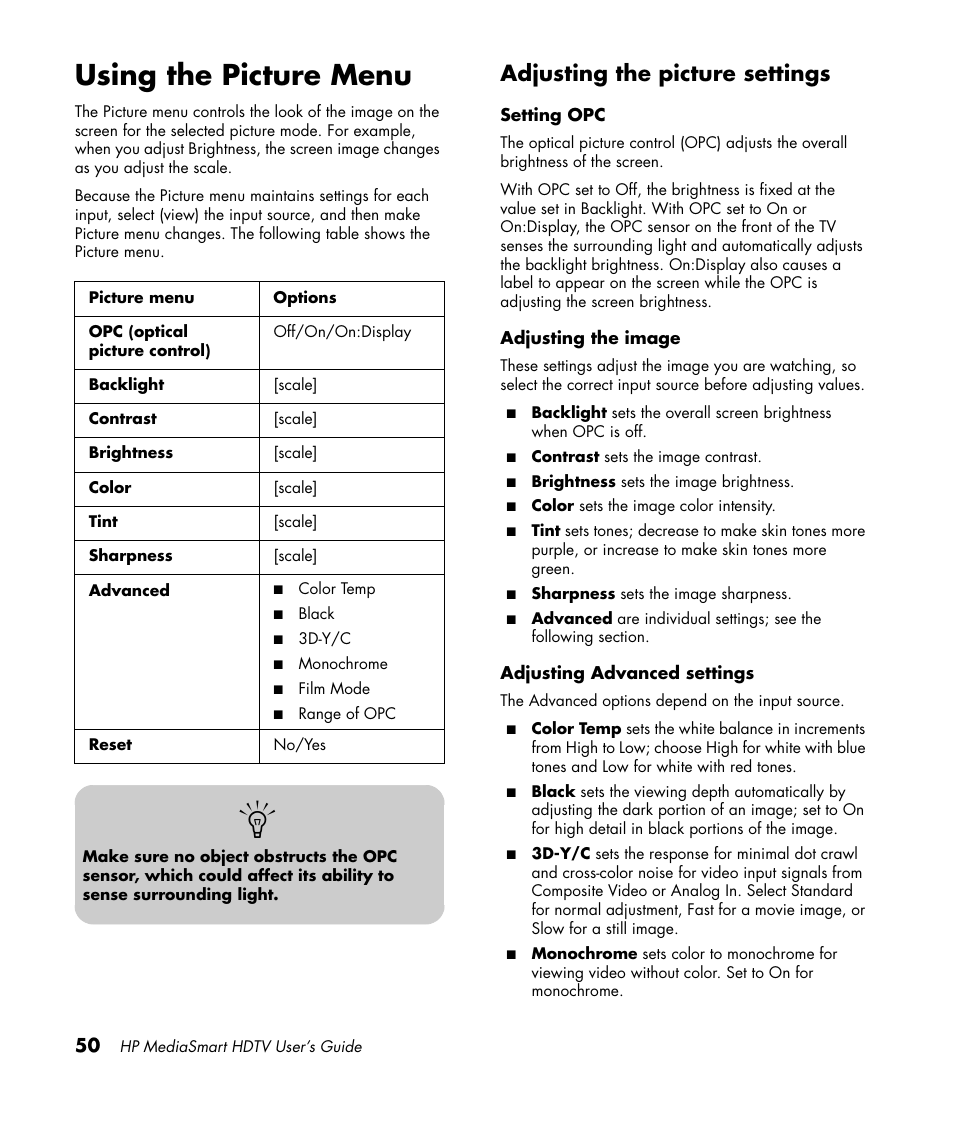 Using the picture menu, Adjusting the picture settings | HP MediaSmart SLC3760N User Manual | Page 62 / 310