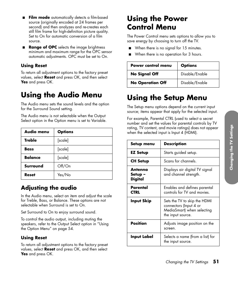 Using the audio menu, Adjusting the audio, Using the power control menu | Using the setup menu, Using the power control menu using the setup menu | HP MediaSmart SLC3760N User Manual | Page 63 / 310