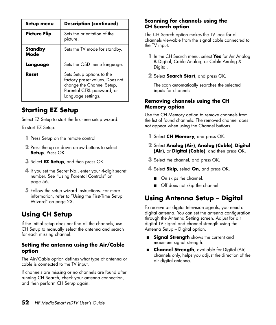 Starting ez setup, Using ch setup, Using antenna setup - digital | Using antenna setup – digital | HP MediaSmart SLC3760N User Manual | Page 64 / 310