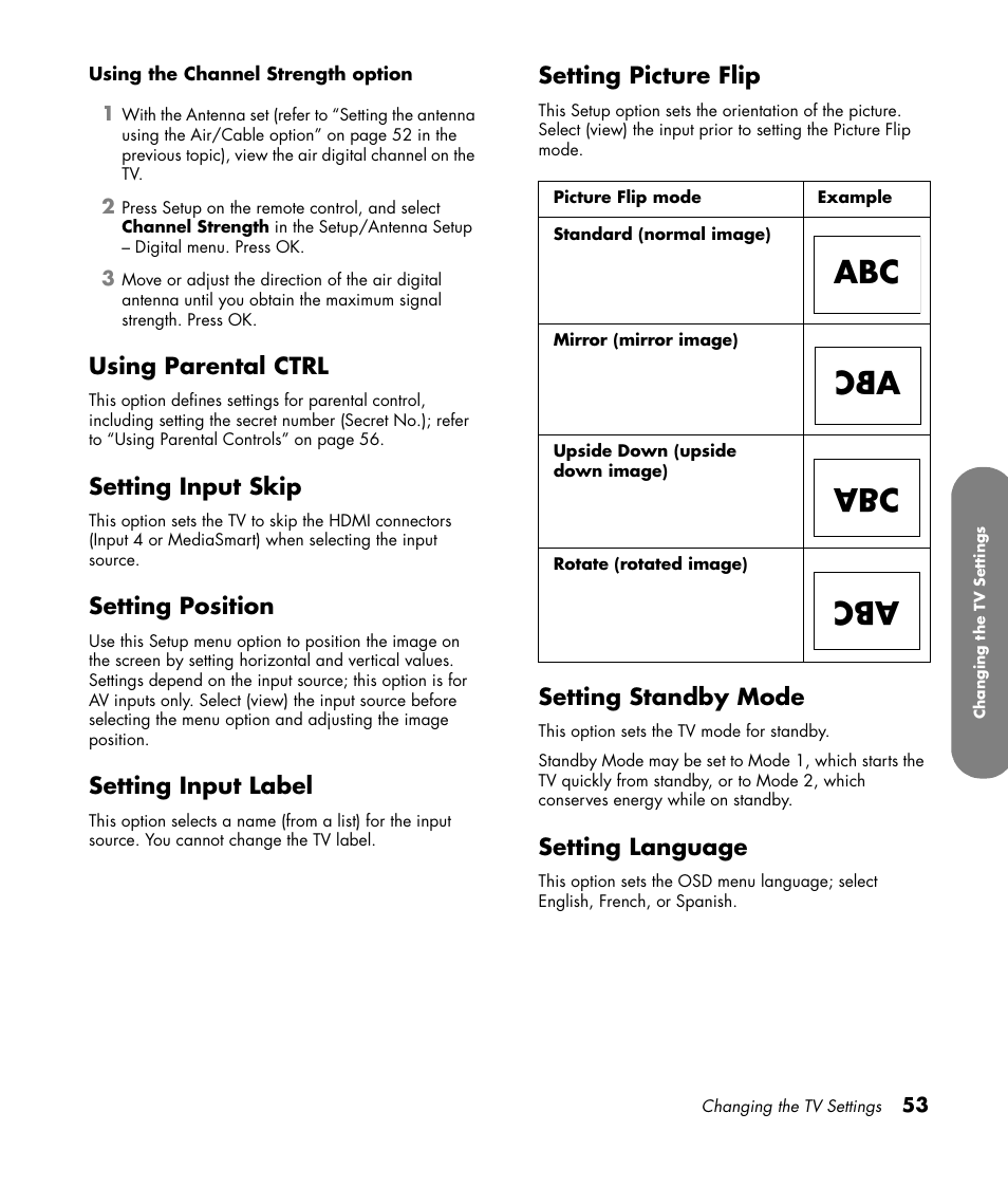 Using parental ctrl, Setting input skip, Setting position | Setting input label, Setting picture flip, Setting standby mode, Setting language | HP MediaSmart SLC3760N User Manual | Page 65 / 310
