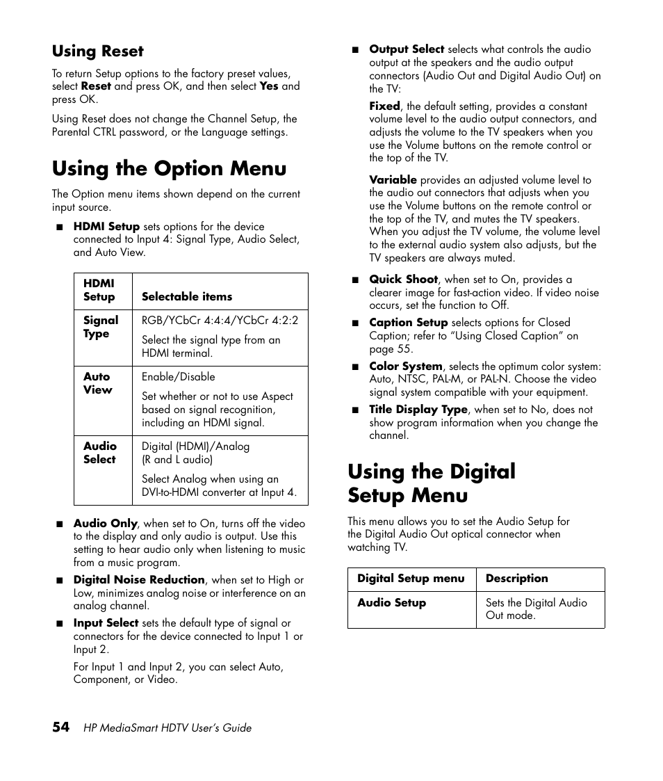 Using reset, Using the option menu, Using the digital setup menu | Using the option menu using the digital setup menu | HP MediaSmart SLC3760N User Manual | Page 66 / 310