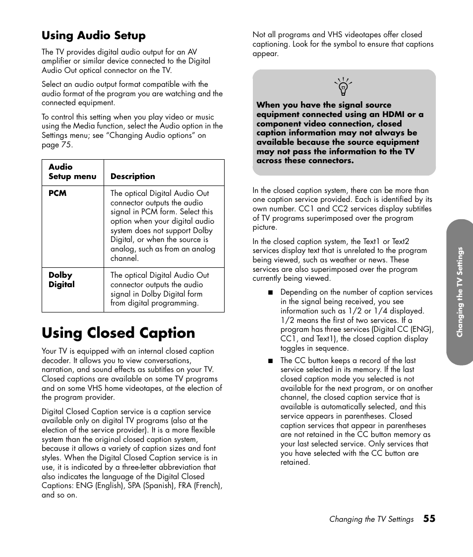 Using audio setup, Using closed caption | HP MediaSmart SLC3760N User Manual | Page 67 / 310