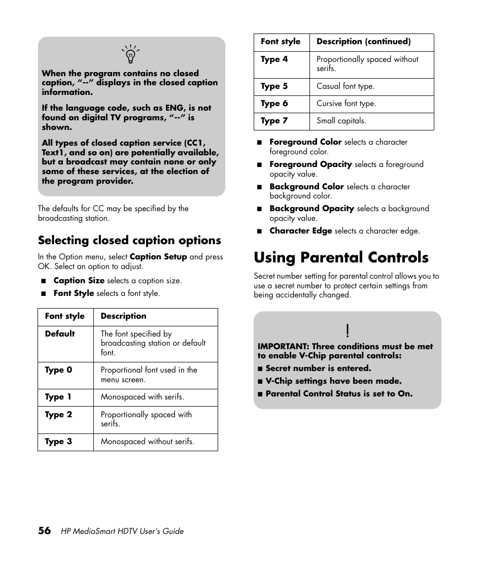 Selecting closed caption options, Using parental controls | HP MediaSmart SLC3760N User Manual | Page 68 / 310