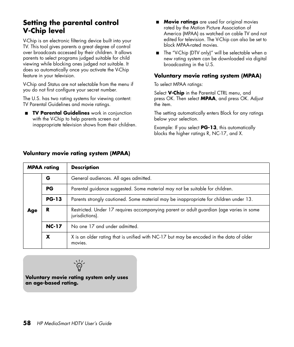 Setting the parental control v-chip level | HP MediaSmart SLC3760N User Manual | Page 70 / 310