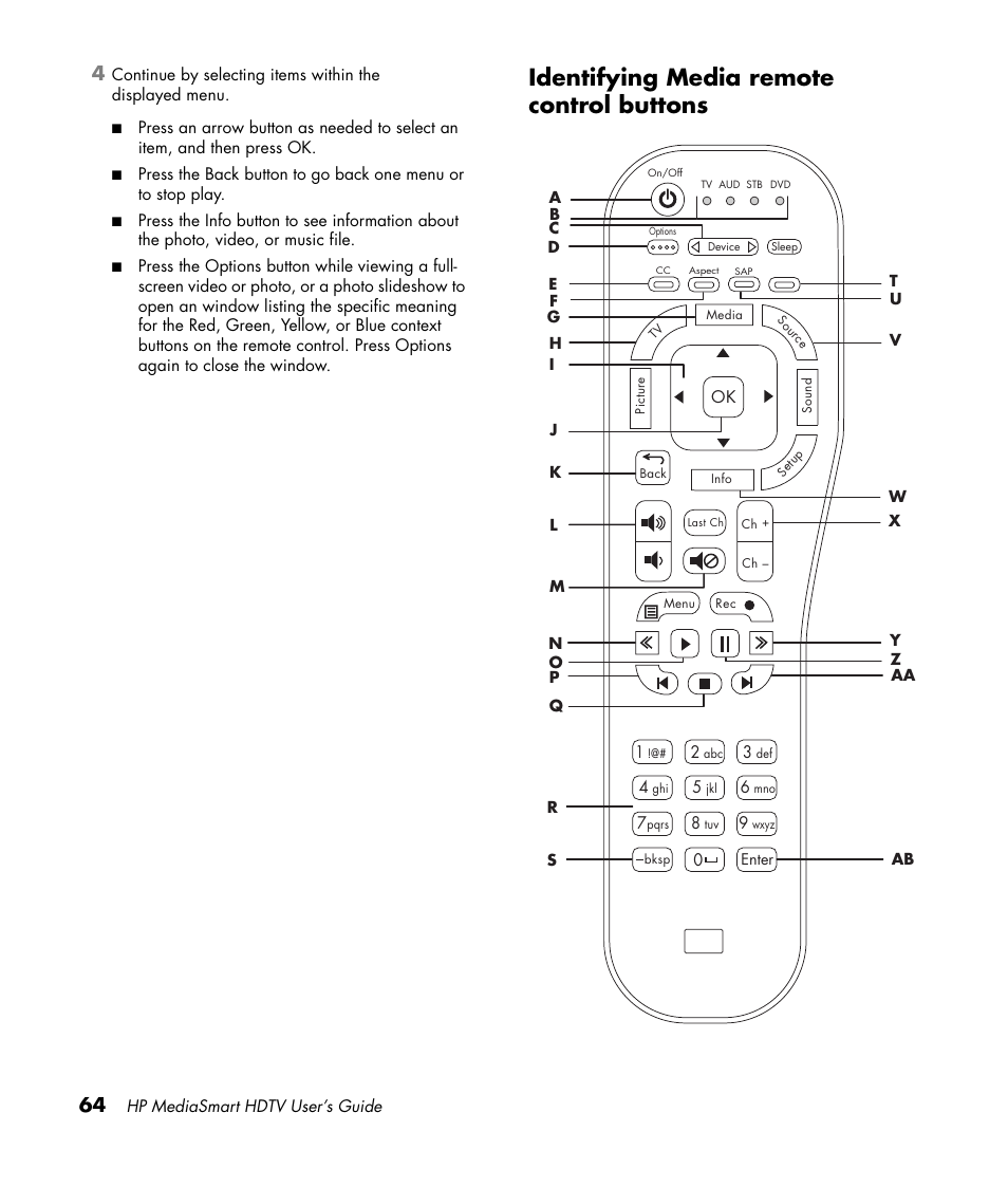 Identifying media remote control buttons | HP MediaSmart SLC3760N User Manual | Page 76 / 310