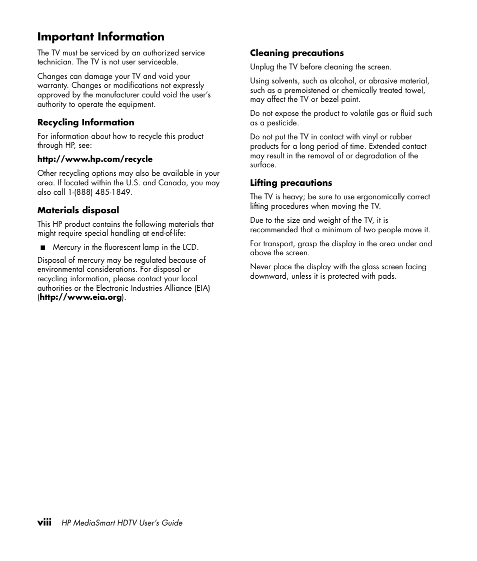 Important information | HP MediaSmart SLC3760N User Manual | Page 8 / 310