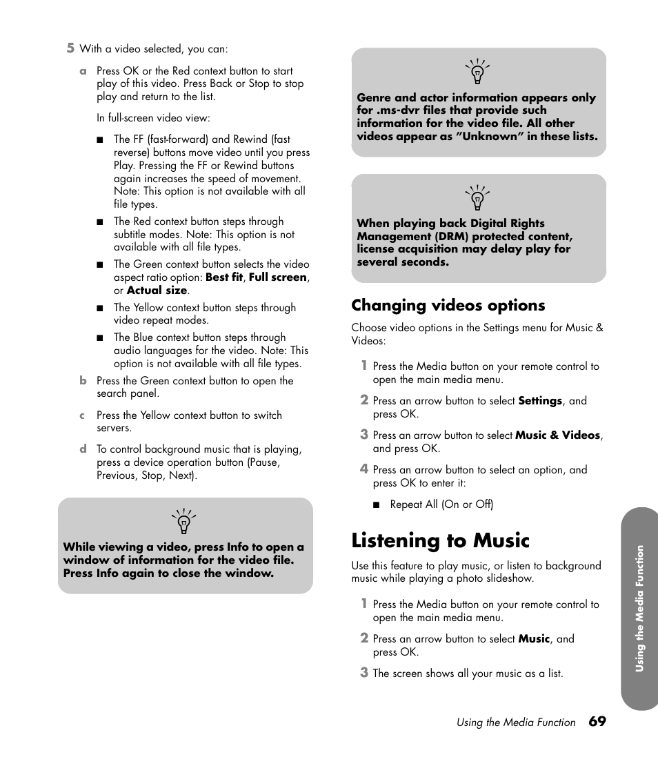 Changing videos options, Listening to music | HP MediaSmart SLC3760N User Manual | Page 81 / 310