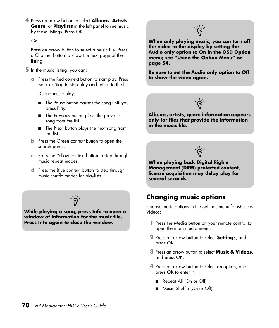 Changing music options | HP MediaSmart SLC3760N User Manual | Page 82 / 310