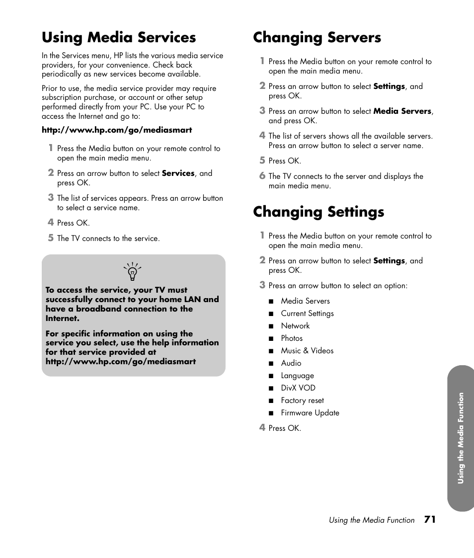 Using media services, Changing servers, Changing settings | HP MediaSmart SLC3760N User Manual | Page 83 / 310