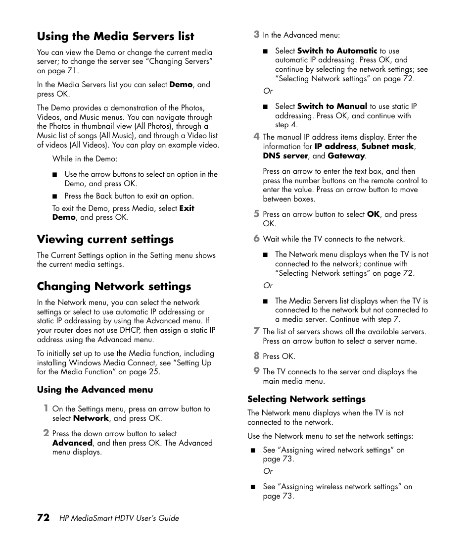 Using the media servers list, Viewing current settings, Changing network settings | HP MediaSmart SLC3760N User Manual | Page 84 / 310