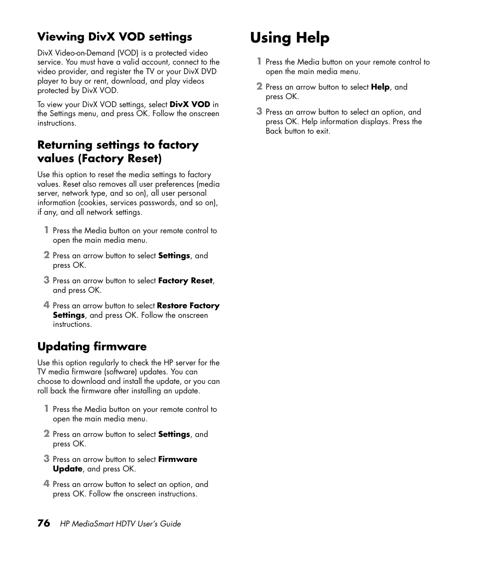 Viewing divx vod settings, Updating firmware, Using help | HP MediaSmart SLC3760N User Manual | Page 88 / 310