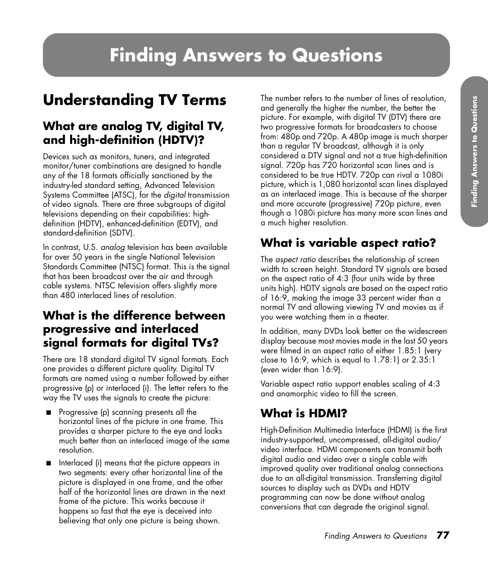 Understanding tv terms, What is variable aspect ratio, What is hdmi | Finding answers to questions | HP MediaSmart SLC3760N User Manual | Page 89 / 310