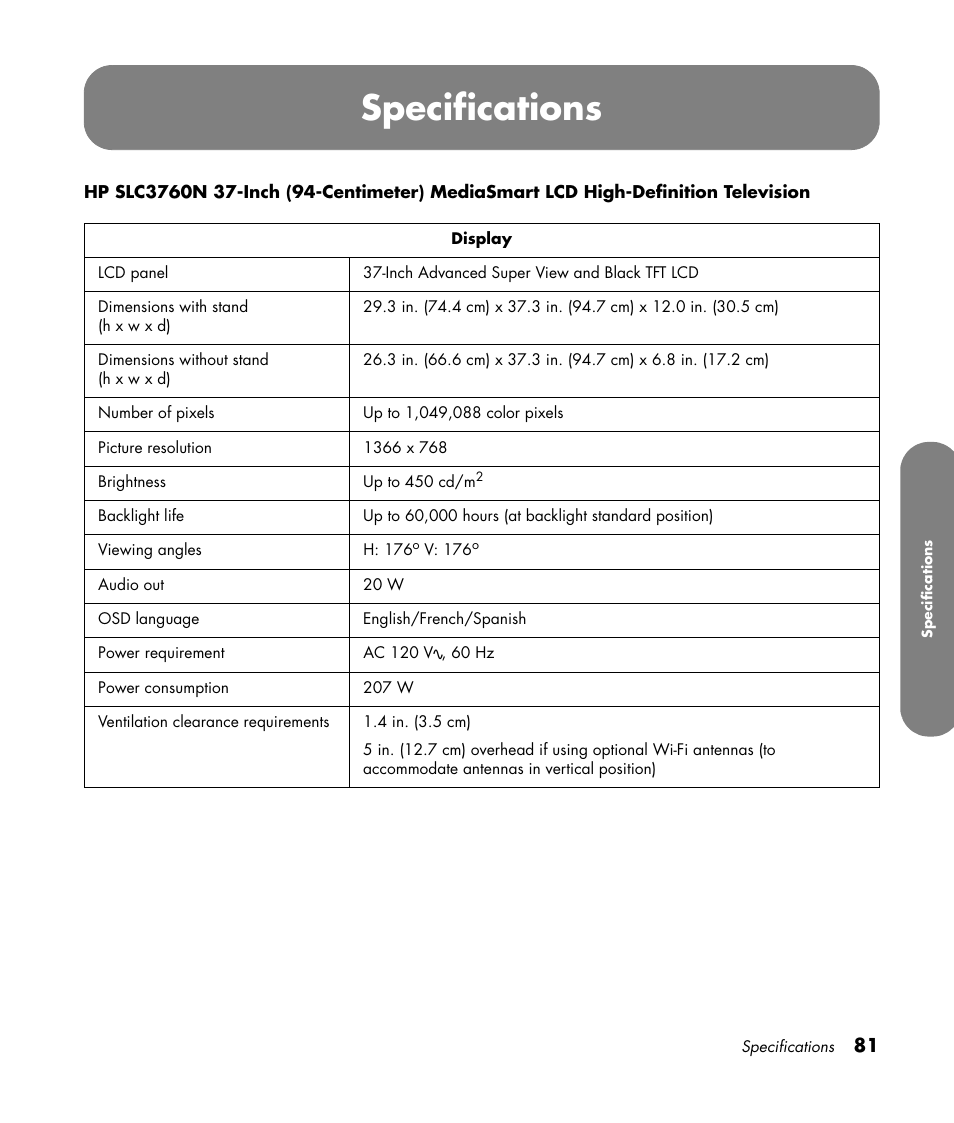 Specifications | HP MediaSmart SLC3760N User Manual | Page 93 / 310