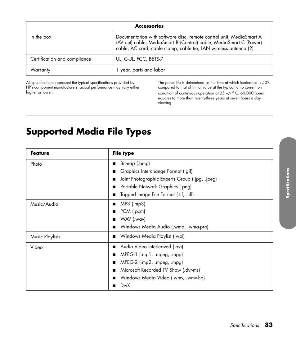 Supported media file types | HP MediaSmart SLC3760N User Manual | Page 95 / 310