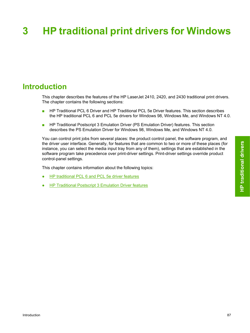 Hp traditional print drivers for windows, Introduction, 3 hp traditional print drivers for windows | Pcl 5e, and ps emulation drivers, see, Traditional print drivers for windows, 3hp traditional print drivers for windows | HP 2420 User Manual | Page 103 / 334