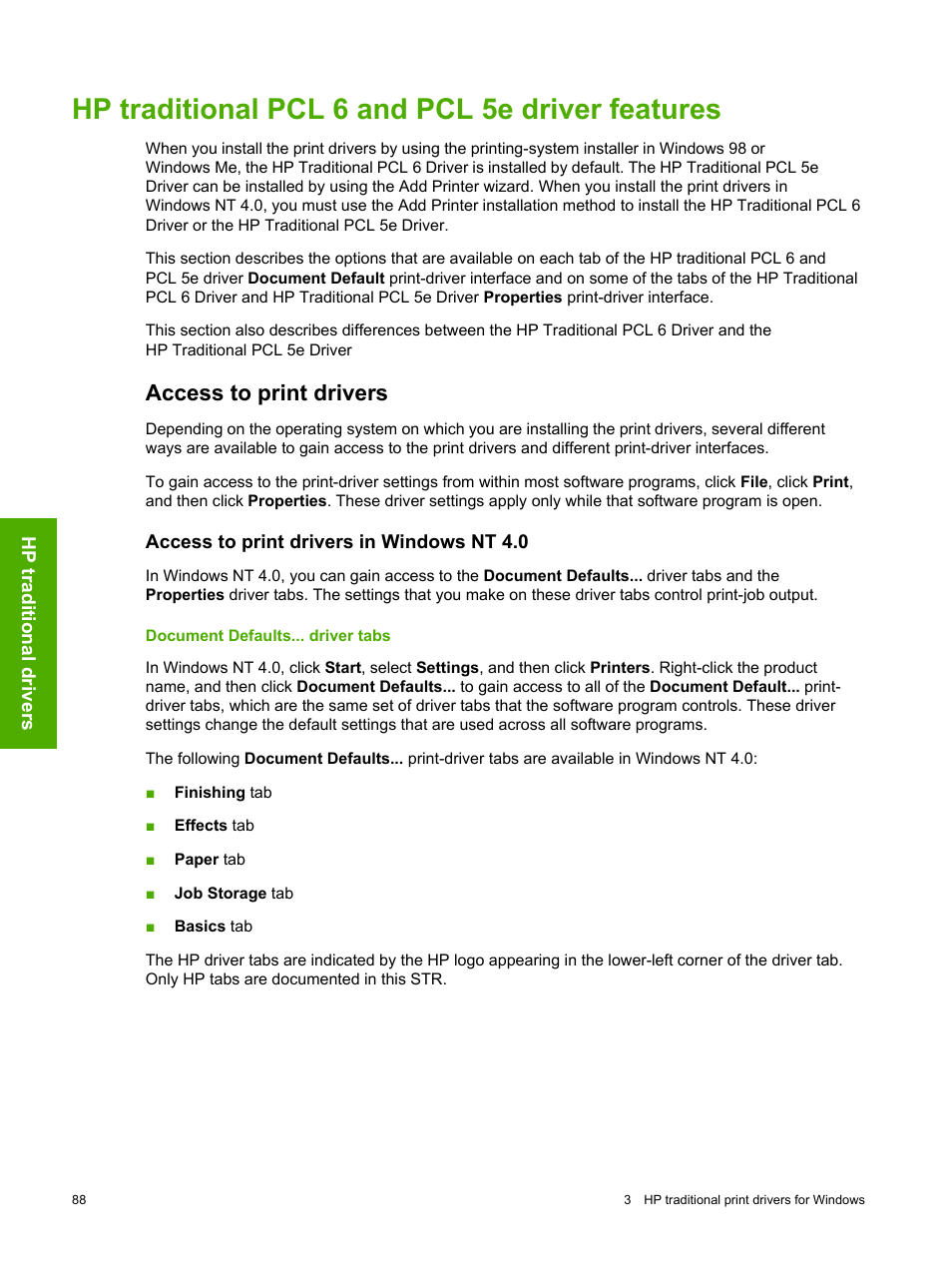 Hp traditional pcl 6 and pcl 5e driver features, Access to print drivers, Access to print drivers in windows nt 4.0 | Document defaults... driver tabs | HP 2420 User Manual | Page 104 / 334