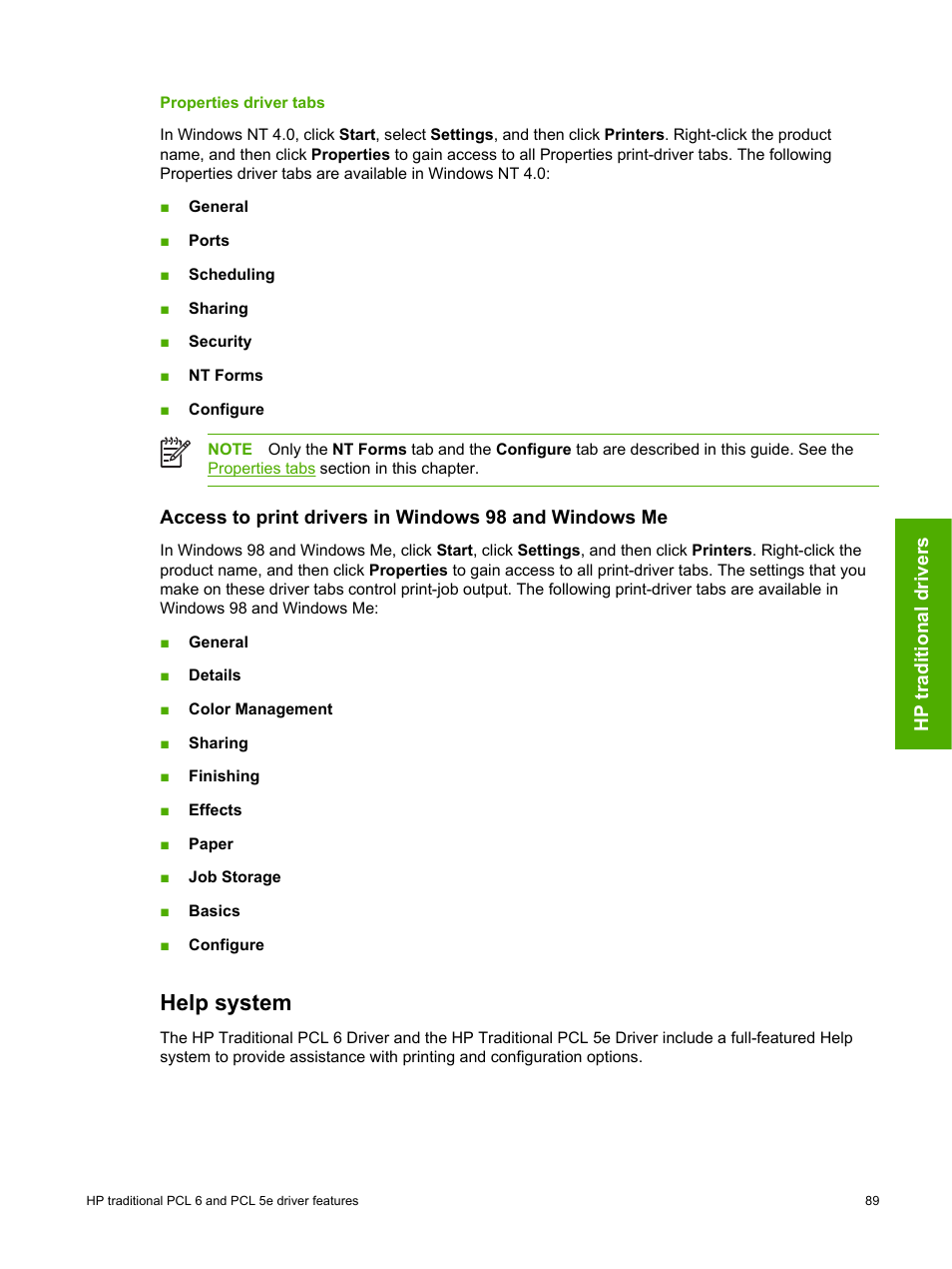 Properties driver tabs, Help system | HP 2420 User Manual | Page 105 / 334