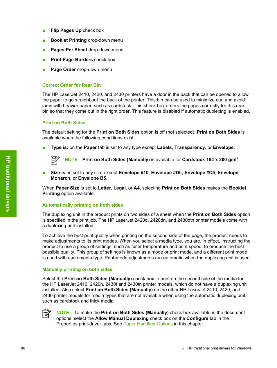 Correct order for rear bin, Print on both sides, Automatically printing on both sides | Manually printing on both sides, Correct order for rear bin print on both sides | HP 2420 User Manual | Page 112 / 334