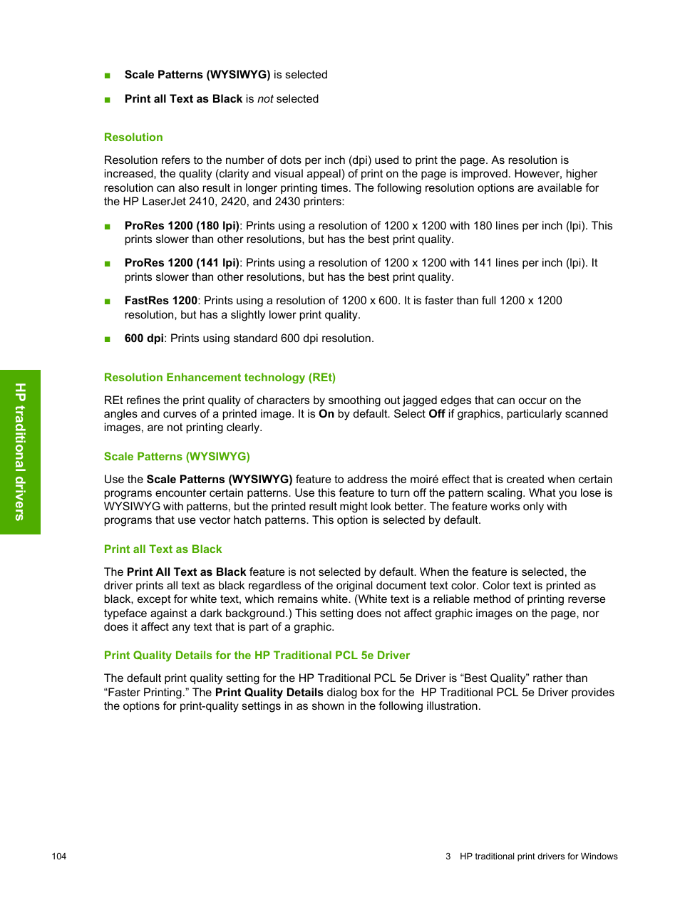 Resolution, Resolution enhancement technology (ret), Scale patterns (wysiwyg) | Print all text as black | HP 2420 User Manual | Page 120 / 334