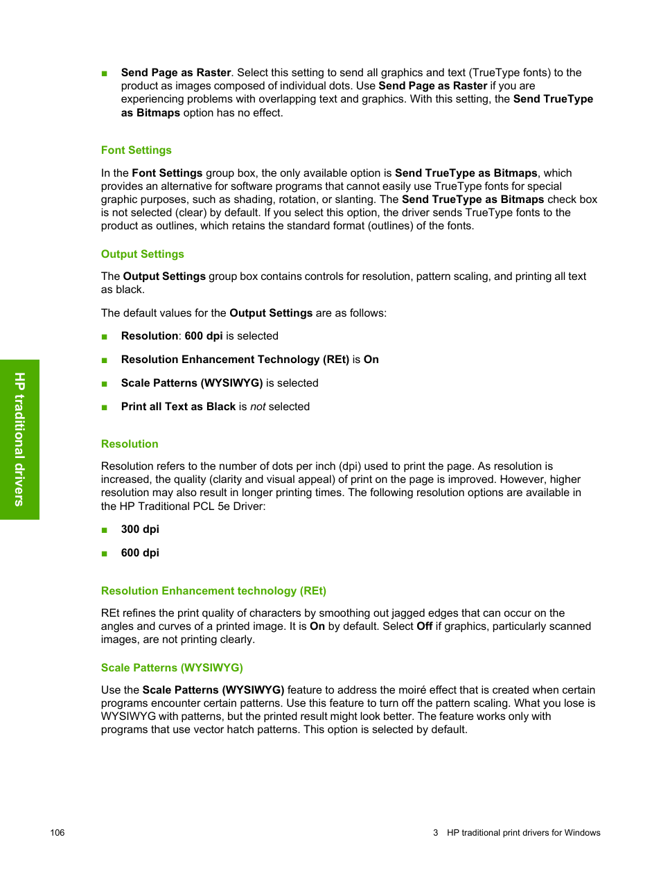 Font settings, Output settings, Resolution | Resolution enhancement technology (ret), Scale patterns (wysiwyg), Font settings output settings | HP 2420 User Manual | Page 122 / 334