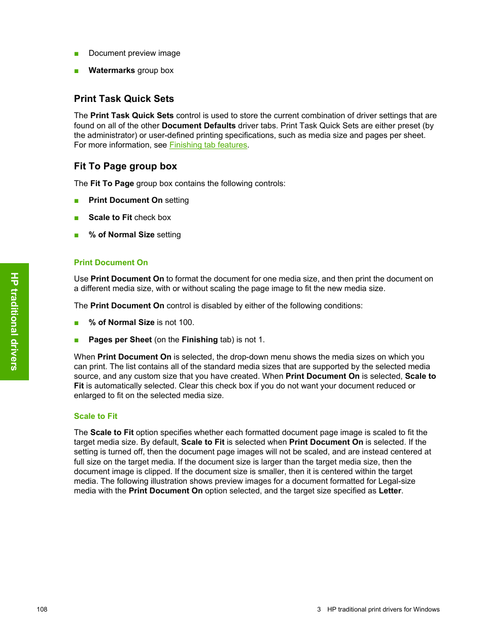 Print task quick sets, Print document on, Scale to fit | Print document on scale to fit | HP 2420 User Manual | Page 124 / 334