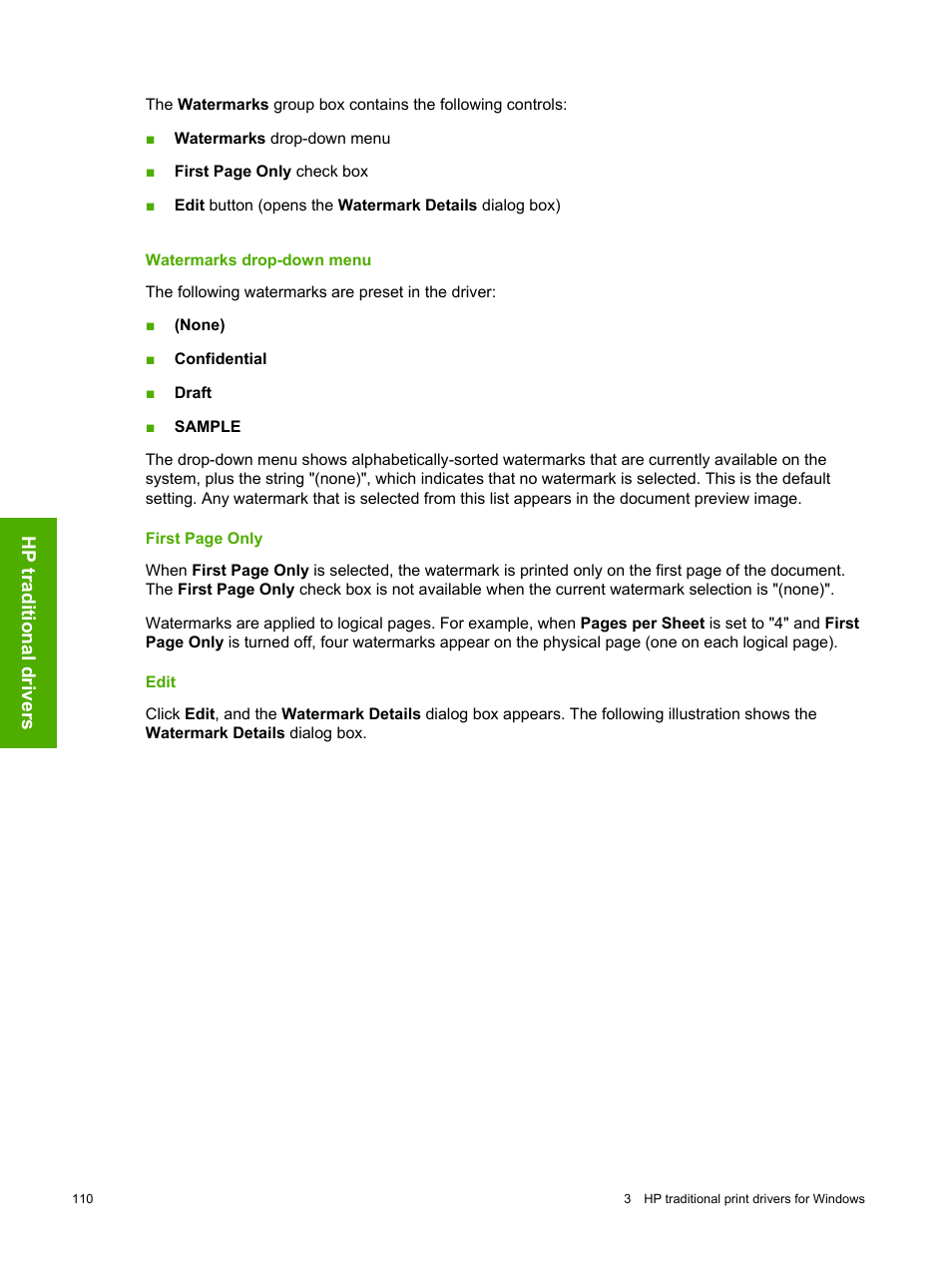 Watermarks drop-down menu, Edit | HP 2420 User Manual | Page 126 / 334