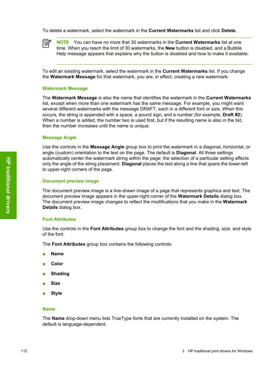 Watermark message, Message angle, Document preview image | Font attributes, Name | HP 2420 User Manual | Page 128 / 334