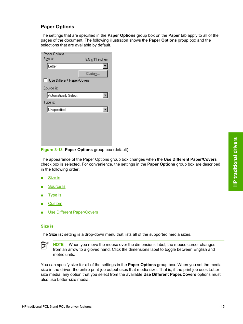 Paper options, Size is | HP 2420 User Manual | Page 131 / 334