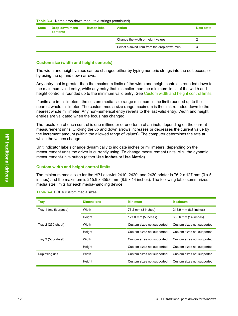 Custom size (width and height controls), Custom width and height control limits, Hp traditional drivers | HP 2420 User Manual | Page 136 / 334