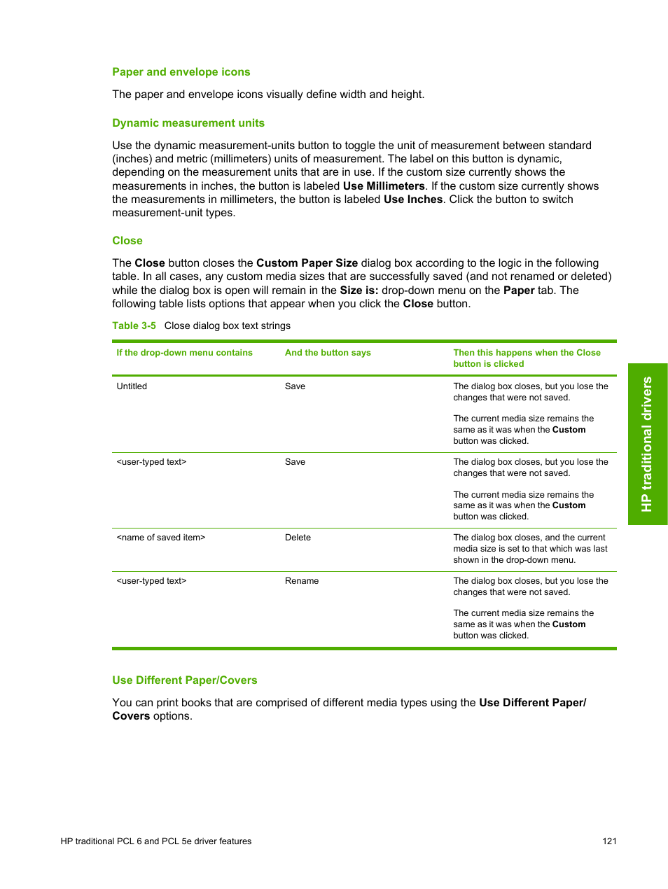 Paper and envelope icons, Dynamic measurement units, Close | Use different paper/covers, Dynamic measurement units close, Hp traditional drivers | HP 2420 User Manual | Page 137 / 334