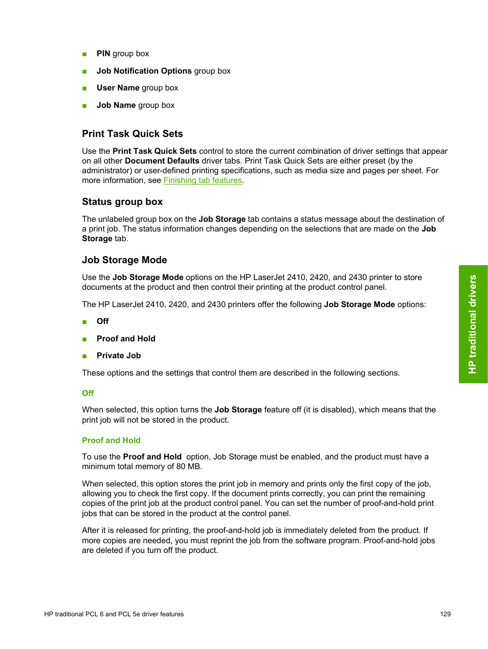 Print task quick sets, Status group box, Job storage mode | Proof and hold, Off proof and hold | HP 2420 User Manual | Page 145 / 334