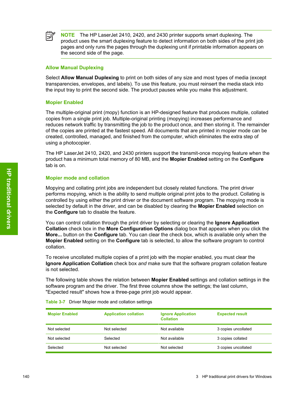Allow manual duplexing, Mopier enabled, Mopier mode and collation | Allow manual duplexing mopier enabled, Hp traditional drivers | HP 2420 User Manual | Page 156 / 334