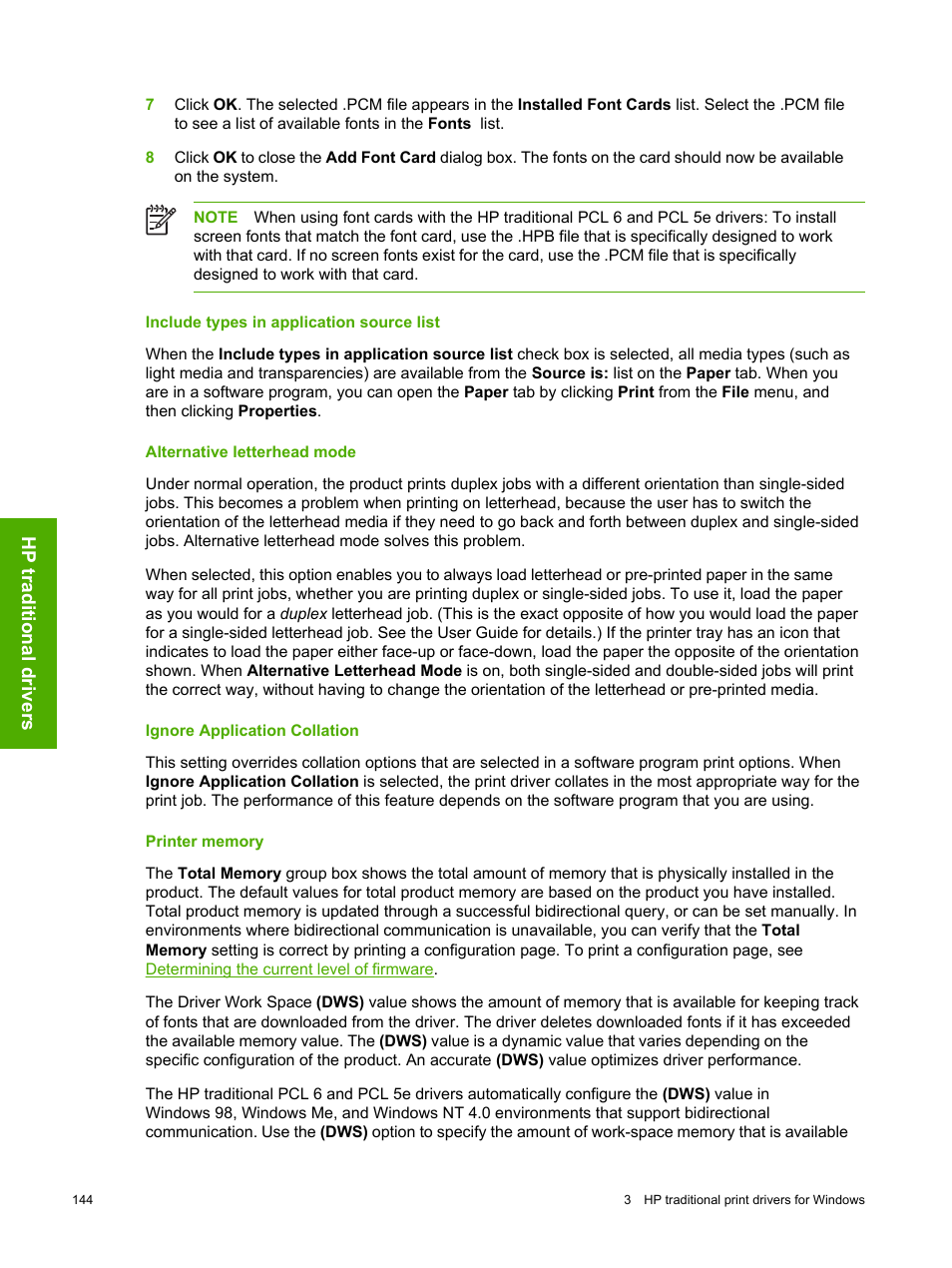 Include types in application source list, Alternative letterhead mode, Ignore application collation | Printer memory | HP 2420 User Manual | Page 160 / 334