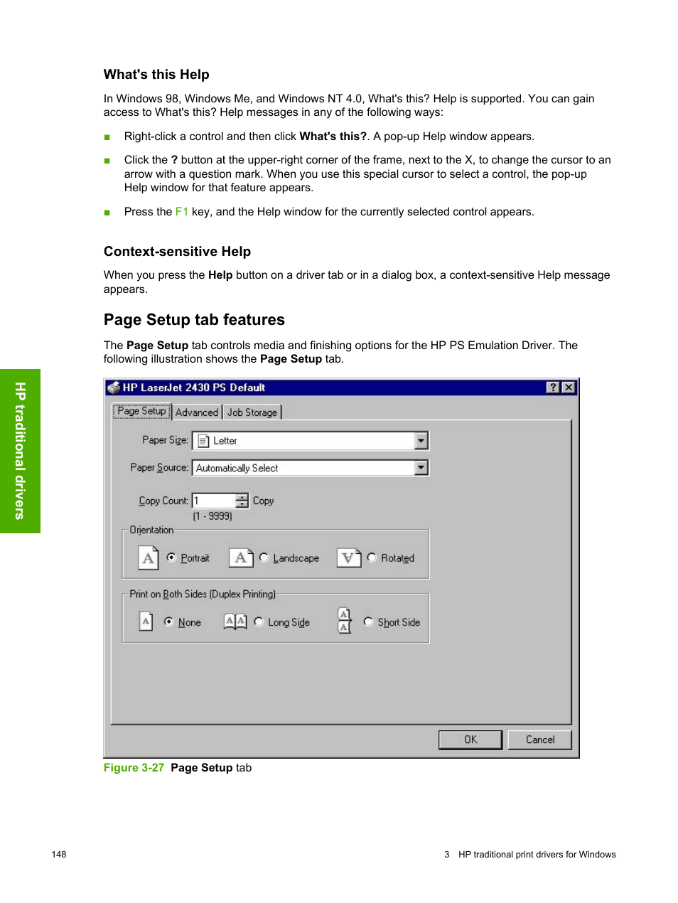 What's this help, Context-sensitive help, What's this help context-sensitive help | Page setup tab features | HP 2420 User Manual | Page 164 / 334