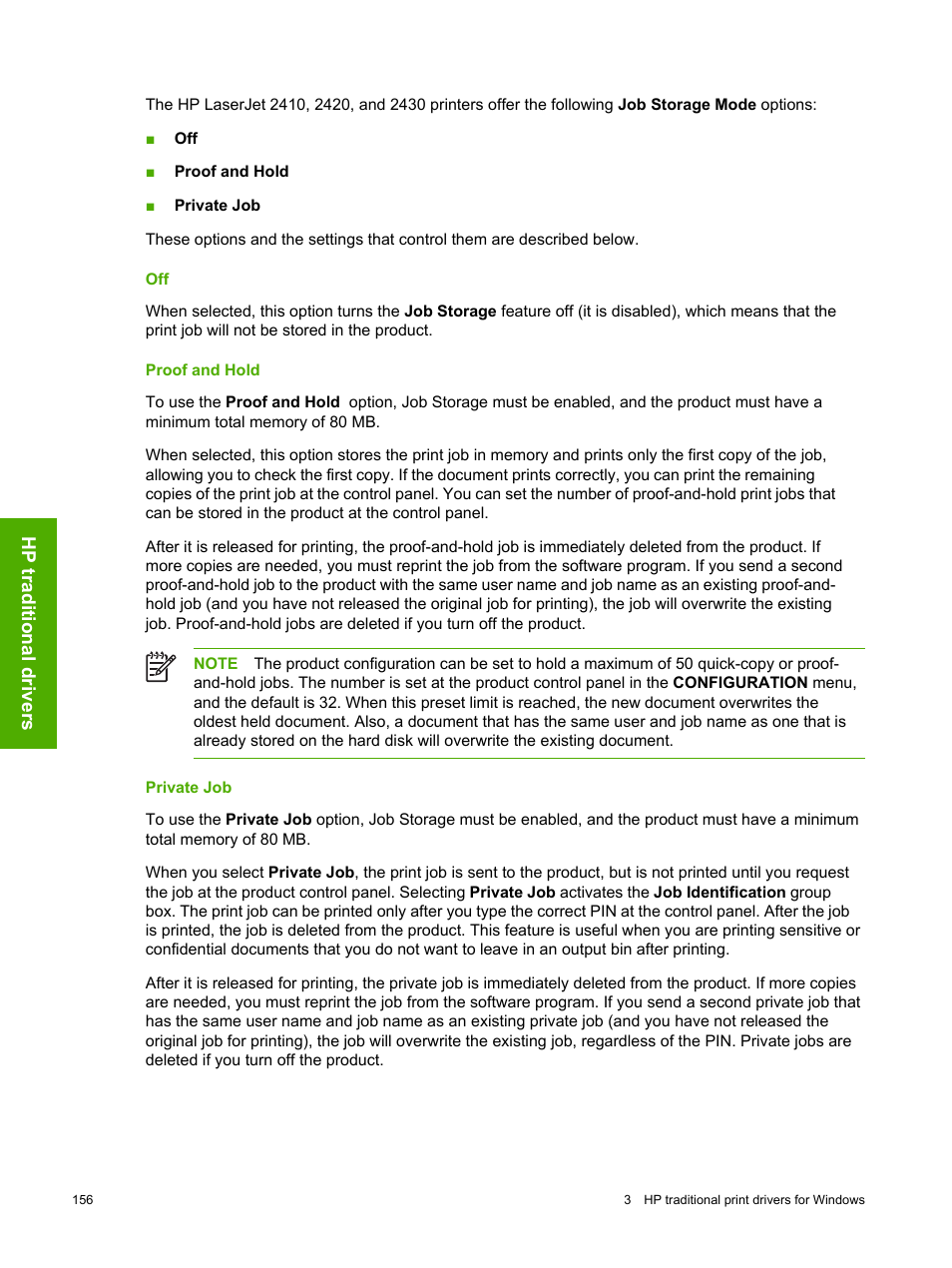 Proof and hold, Private job, Off proof and hold private job | HP 2420 User Manual | Page 172 / 334