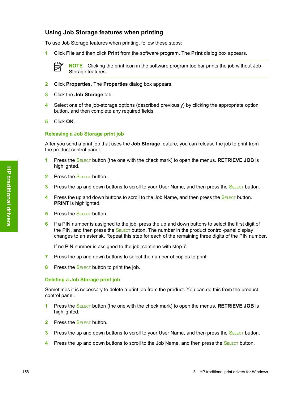 Using job storage features when printing, Releasing a job storage print job, Deleting a job storage print job | Hp traditional drivers | HP 2420 User Manual | Page 174 / 334