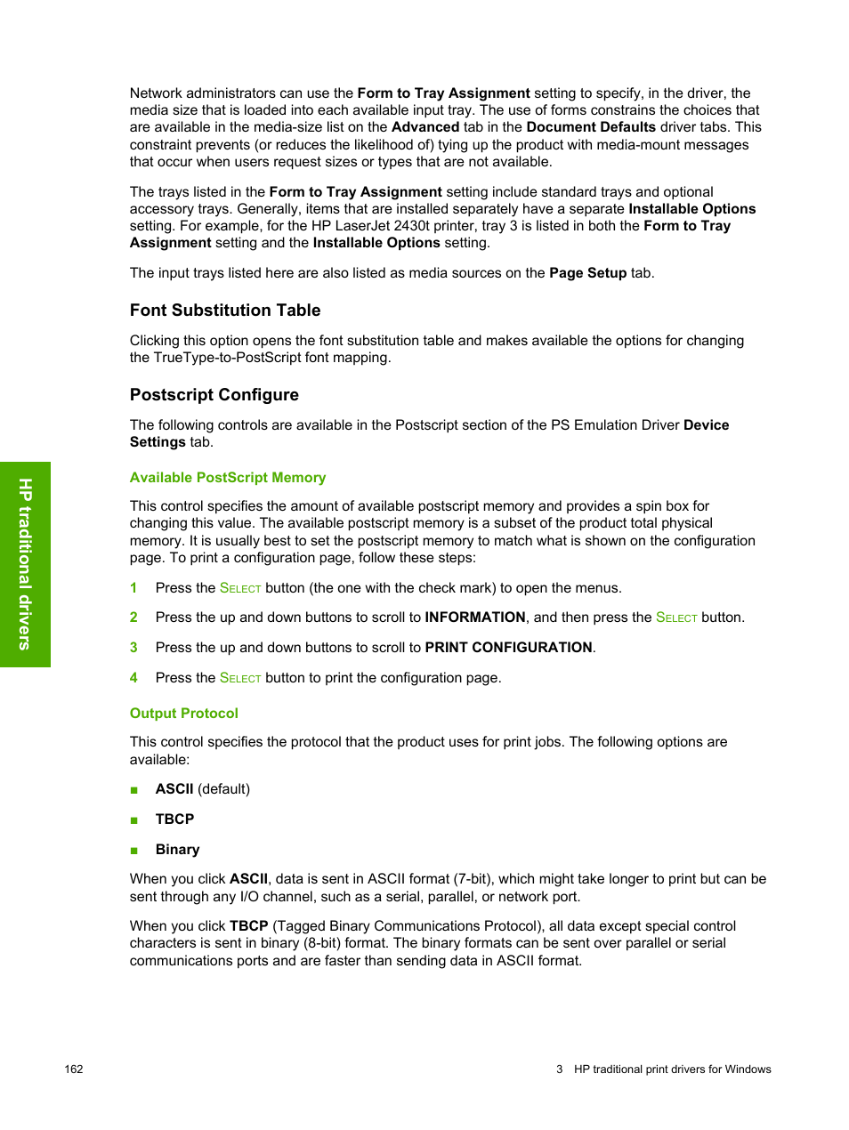 Font substitution table, Postscript configure, Available postscript memory | Output protocol, Font substitution table postscript configure, Available postscript memory output protocol | HP 2420 User Manual | Page 178 / 334