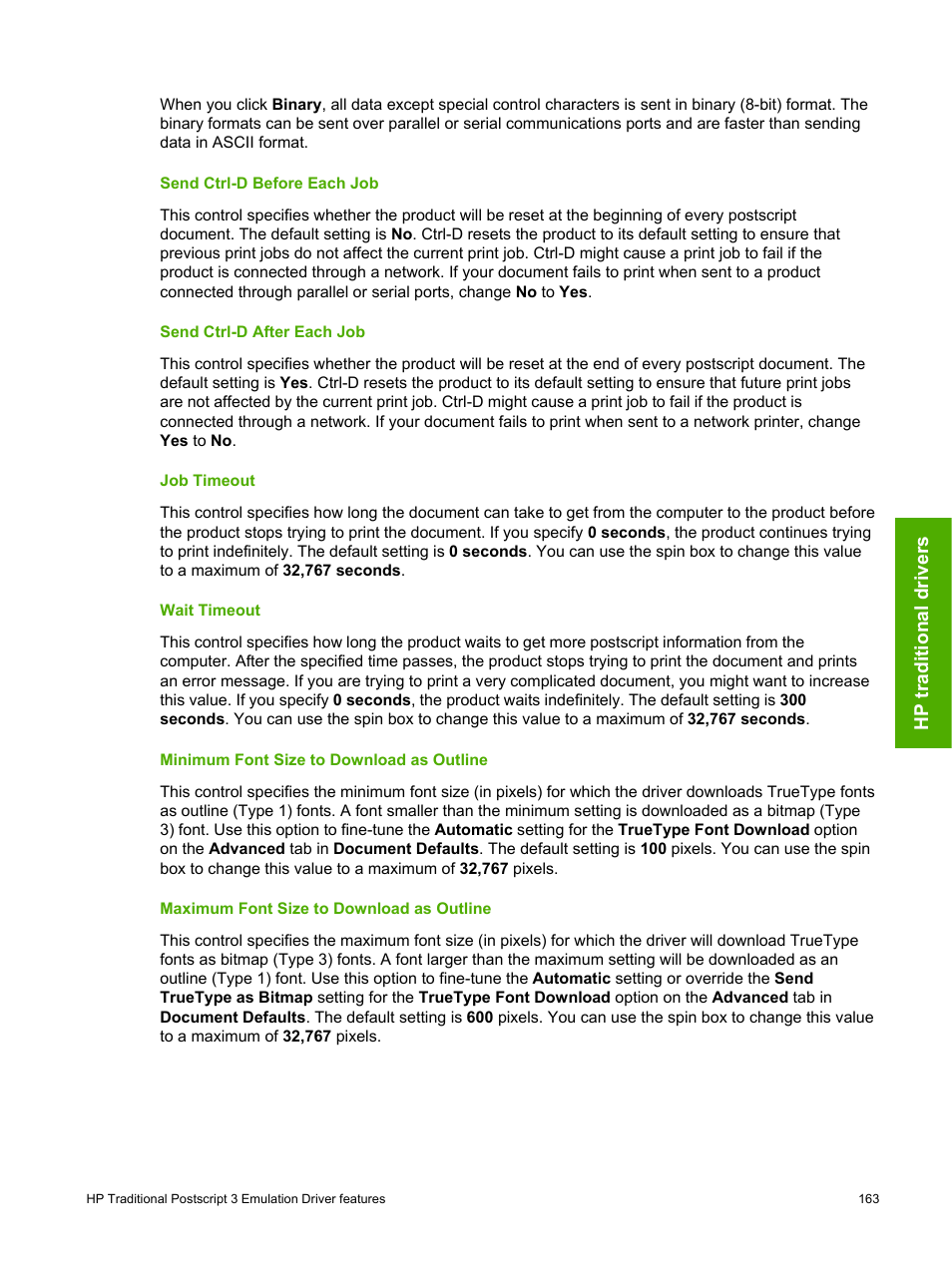 Send ctrl-d before each job, Send ctrl-d after each job, Job timeout | Wait timeout, Minimum font size to download as outline, Maximum font size to download as outline | HP 2420 User Manual | Page 179 / 334