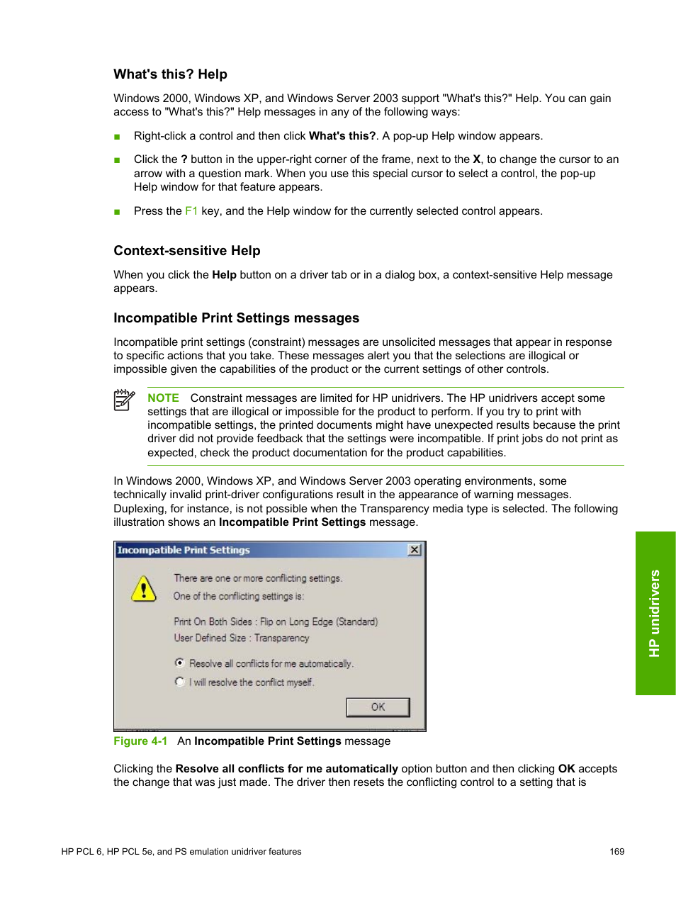 What's this? help, Context-sensitive help, Incompatible print settings messages | HP 2420 User Manual | Page 185 / 334