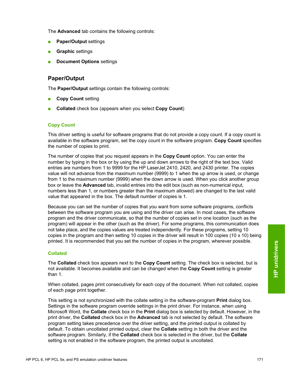 Paper/output, Copy count, Collated | HP 2420 User Manual | Page 187 / 334