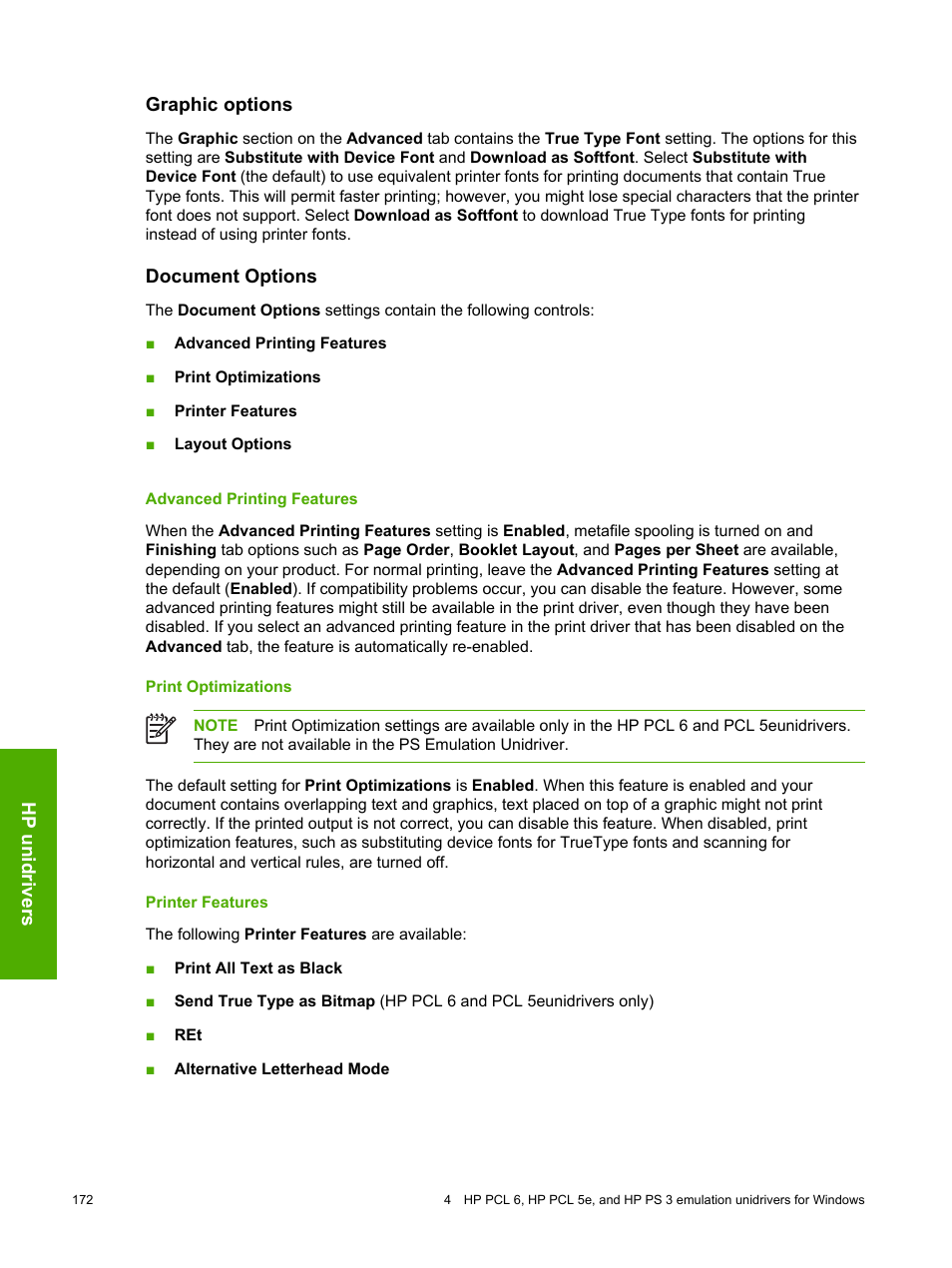 Graphic options, Document options, Advanced printing features | Print optimizations, Printer features, Graphic options document options | HP 2420 User Manual | Page 188 / 334