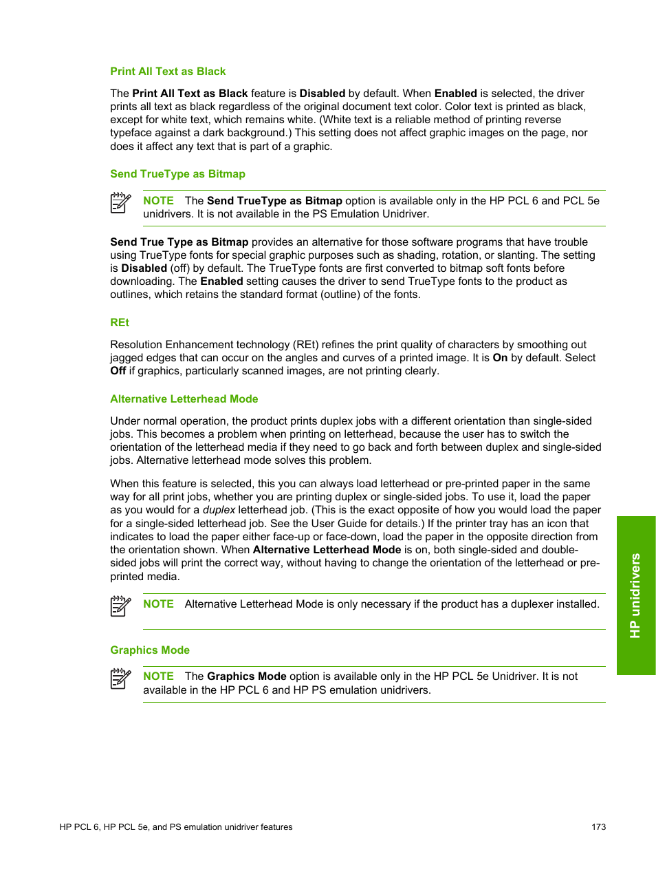 Print all text as black, Send truetype as bitmap, Alternative letterhead mode | Graphics mode | HP 2420 User Manual | Page 189 / 334