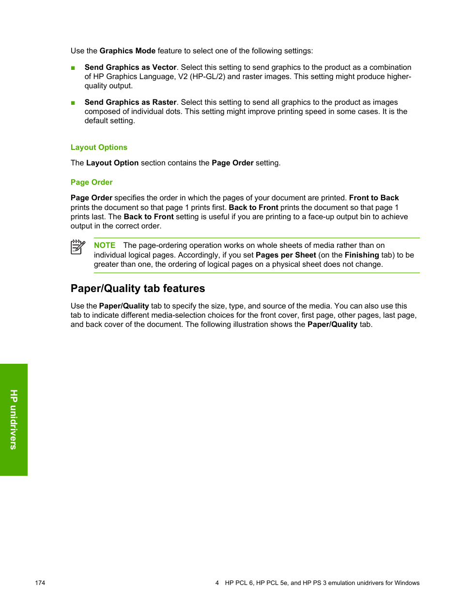 Layout options, Paper/quality tab features | HP 2420 User Manual | Page 190 / 334