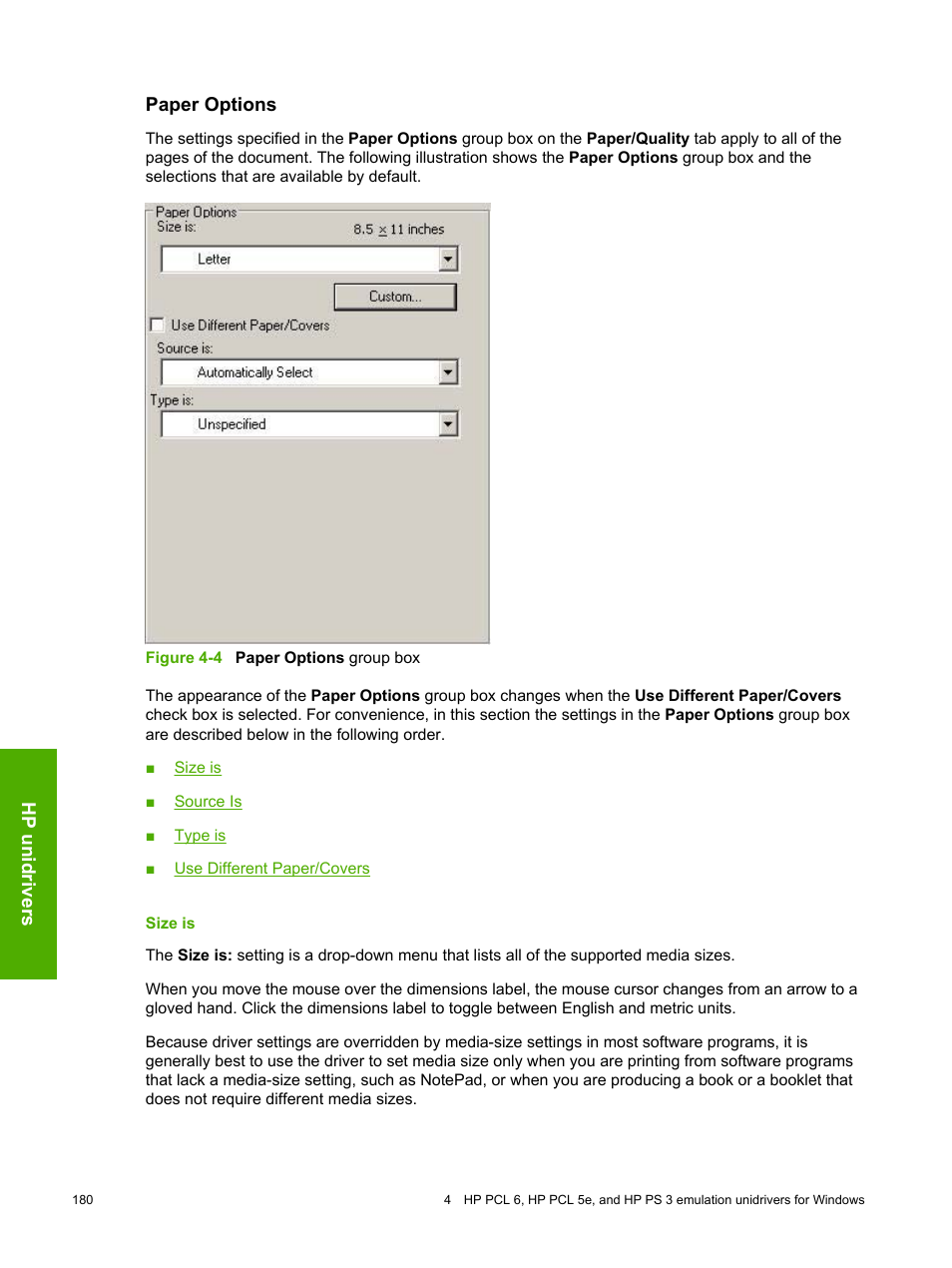 Paper options, Size is | HP 2420 User Manual | Page 196 / 334
