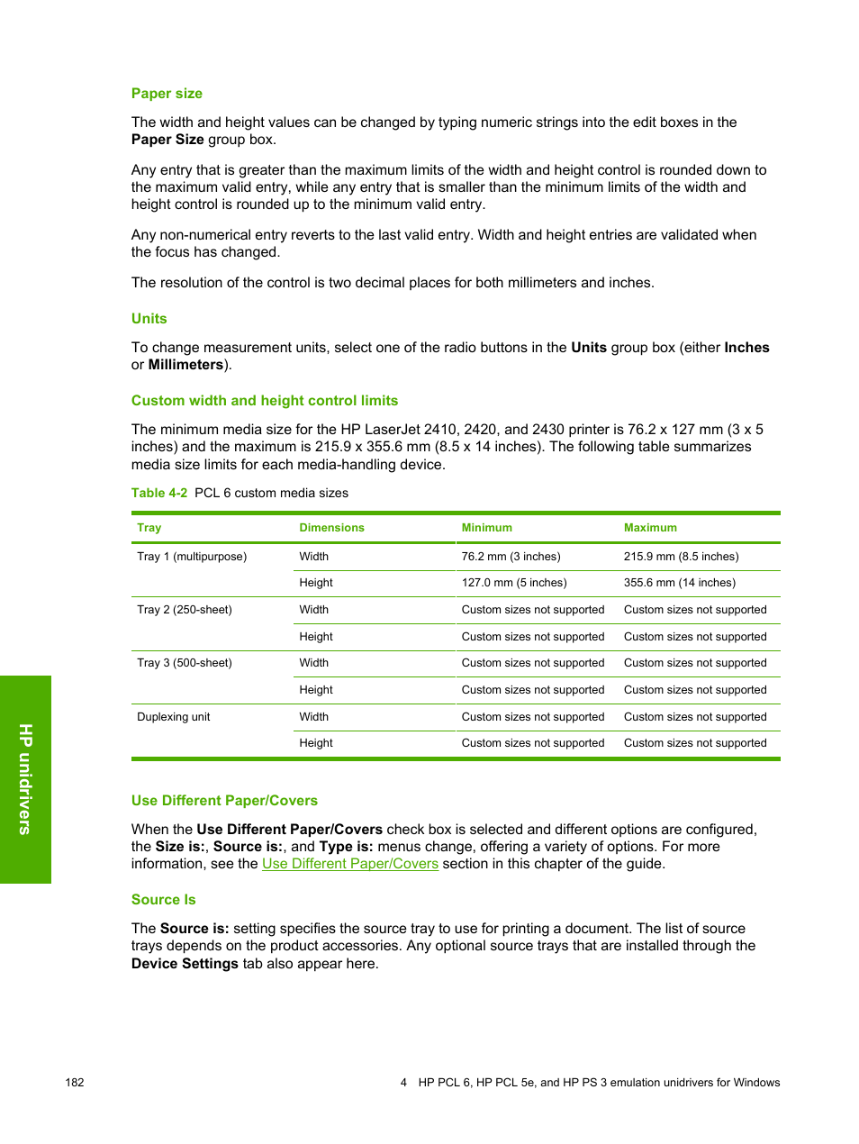Paper size, Units, Custom width and height control limits | Use different paper/covers, Source is, Use different paper/covers source is, Section of, Hp unidrivers | HP 2420 User Manual | Page 198 / 334