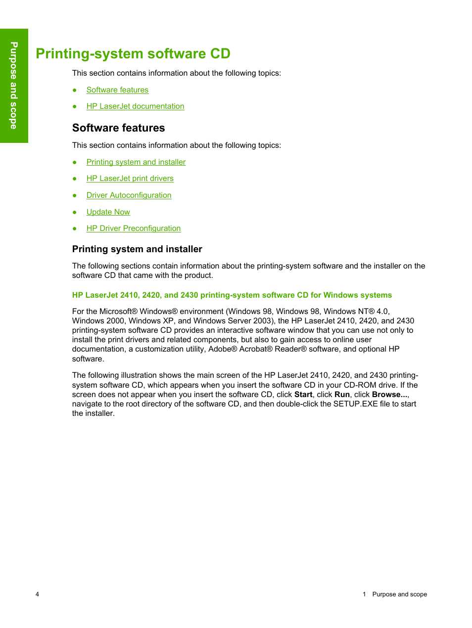 Printing-system software cd, Software features, Printing system and installer | HP 2420 User Manual | Page 20 / 334