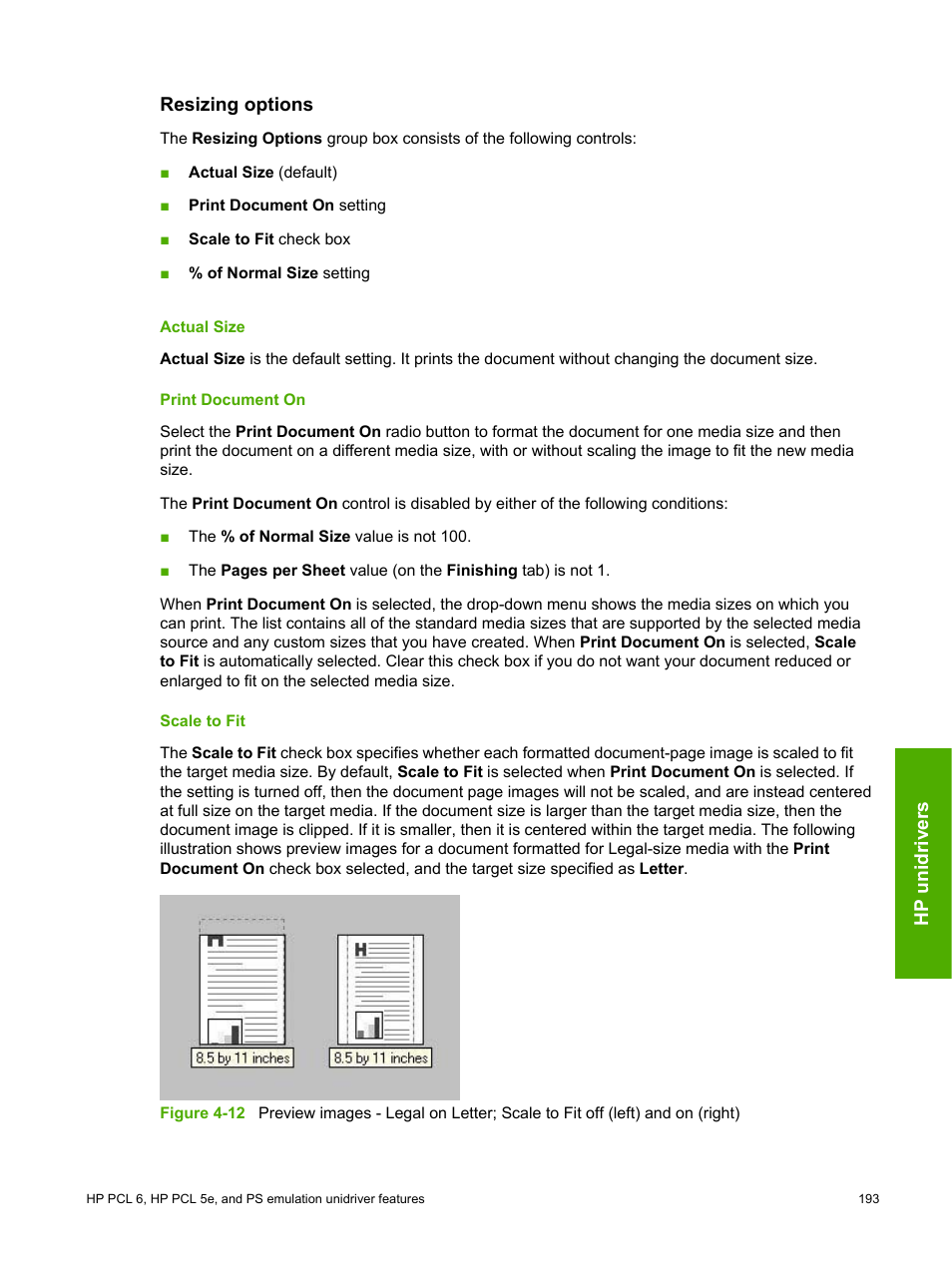 Resizing options, Actual size, Print document on | Scale to fit, Actual size print document on scale to fit | HP 2420 User Manual | Page 209 / 334