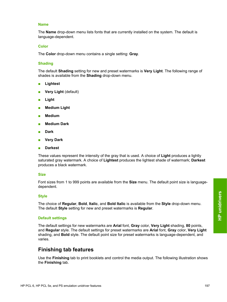 Name, Color, Shading | Size, Style, Default settings, Finishing tab features, Name color shading size style default settings | HP 2420 User Manual | Page 213 / 334
