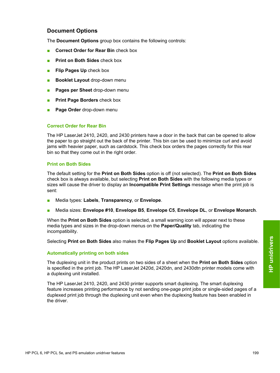 Document options, Correct order for rear bin, Print on both sides | Automatically printing on both sides, Correct order for rear bin print on both sides | HP 2420 User Manual | Page 215 / 334