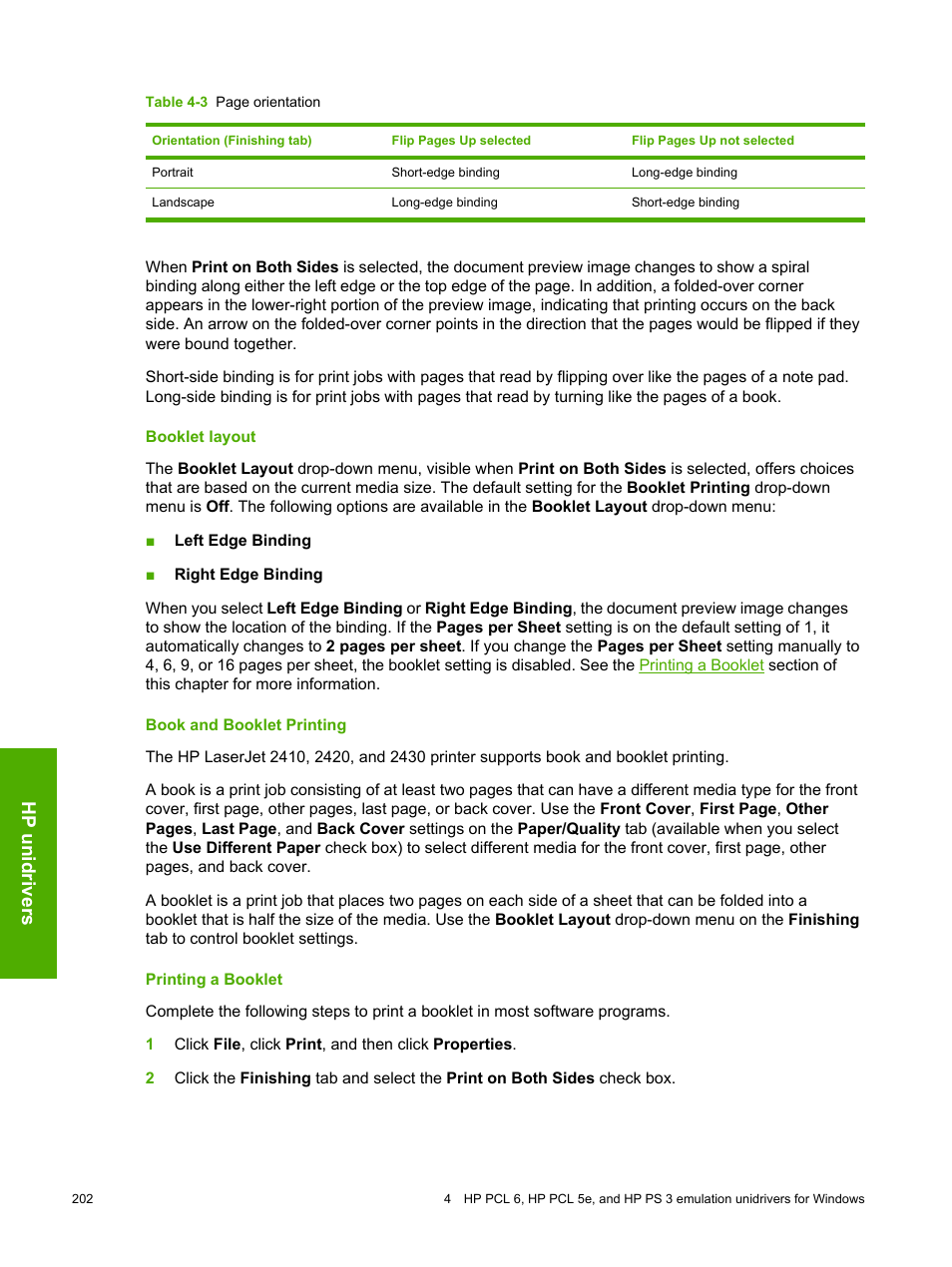 Booklet layout, Book and booklet printing, Printing a booklet | Hp unidrivers | HP 2420 User Manual | Page 218 / 334